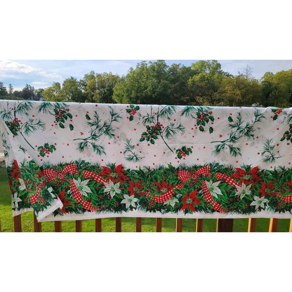 Vtg Holly Berry-Poinsettia Christmas Holiday Cotton Tablecloth Approx. 69"X69"